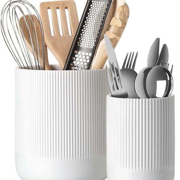 LE TAUCI Utensil Holder, 7.3"+5.4" Ceramic Kitchen Utensil Holder for Countertop, Large Cooking Utensil Crocks for Kitchen Counter Decor, Morden Utensil Organizer for Spatula, Set of 2, White