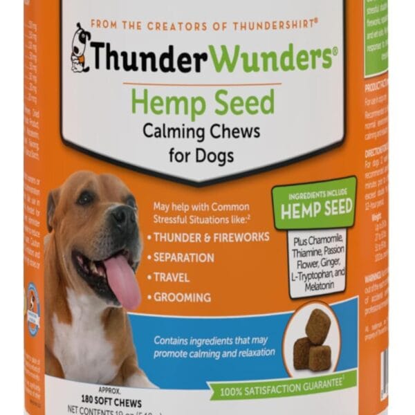ThunderWunders Hemp Dog Calming Chews | Vet Recommended for Situational Anxiety | Fireworks, Thunderstorms, Travel & More | Made with Hemp Seed, Thiamine, L-Tryptophan, Melatonin & Ginger (180 Count)