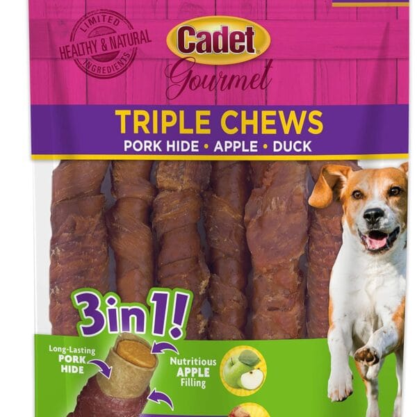 Cadet Gourmet Triple Chews Long-Lasting Pork Hide Sticks with Apple and Duck, Healthy Dog Treats for Small & Large Dogs, 6 Count