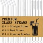 Piteno 16-Pack Reusable Glass Straws Set, Clear Glass Drinking Straws, 8.5''x10MM, Set of 6 Straight and 6 Bent with 4 Cleaning Brushes, Perfect for Smoothies, Milkshakes, Juice, Tea