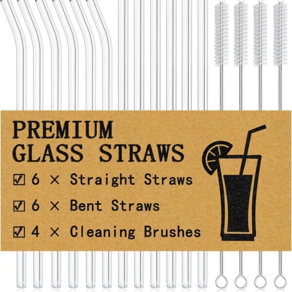 Piteno 16-Pack Reusable Glass Straws Set, Clear Glass Drinking Straws, 8.5''x10MM, Set of 6 Straight and 6 Bent with 4 Cleaning Brushes, Perfect for Smoothies, Milkshakes, Juice, Tea