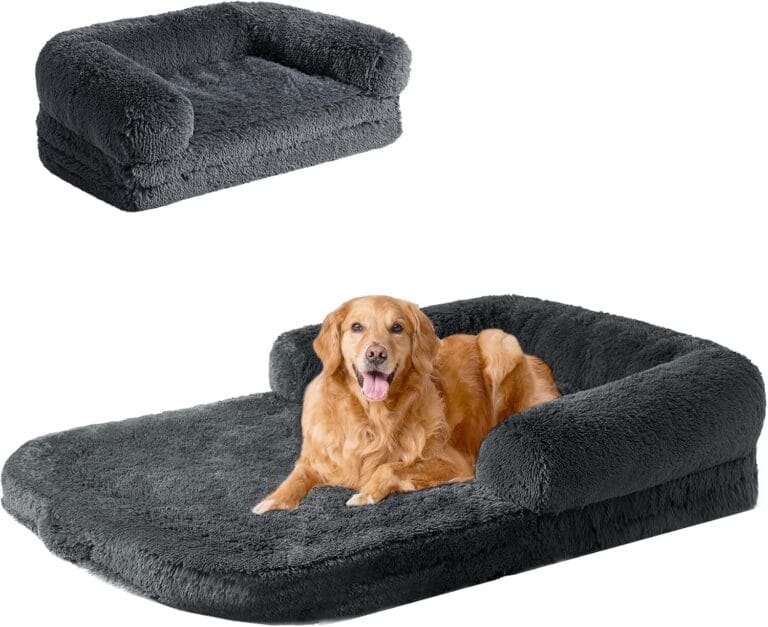 EHEYCIGA Foldable XXL Dog Bed for Large Sized Dog, 54"x38"x7.5" Faux Fur Fluffy Pet Couch Bed, Orthopedic Calming Memory Foam Big Pet Bed, Washable Pet Sofa Bed with Non-Slip Bottom, Dark Grey