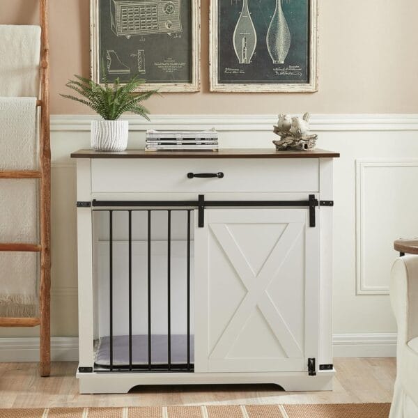 37.8" Dog Crate Furniture - Indoor Wooden Dog Kennel Furniture with Sliding Barn Door and Storage Drawer, White