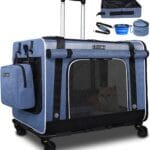 Petskd Extra Large Cat Carrier with Wheels and Litter Box, 24"x17"x17" Rolling Soft Carrier Until 55LBS Pets with 5 Breathable Mesh Windows and Locking Zippers for Long Distance Car Travel(Blue)