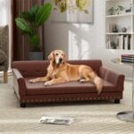 Large Leather Dog Sofa Bed: Indoor Raised Lounge Chair Made by Scratching Resistant Microfiber Leather - Doggie Mini Human Style Couch Breathable for Giant Breed Dogs up to 120lbs