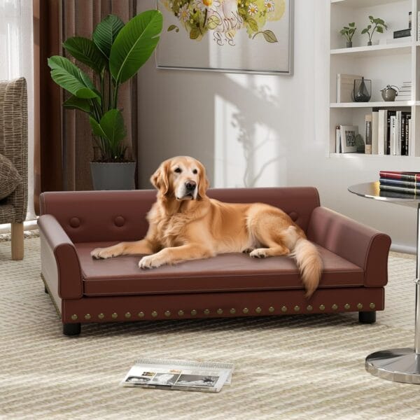 Large Leather Dog Sofa Bed: Indoor Raised Lounge Chair Made by Scratching Resistant Microfiber Leather - Doggie Mini Human Style Couch Breathable for Giant Breed Dogs up to 120lbs