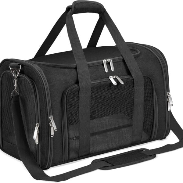 Soft-Sided Cat/Dog/Pet Carrier, Collapsible Pets Travel Carriers for Big Cats/Small Dogs with Shoulder Strap & Removable Mat, Mesh Puppy Carry Bag, Up to 16 Lbs, TSA Airline Approved(Black)