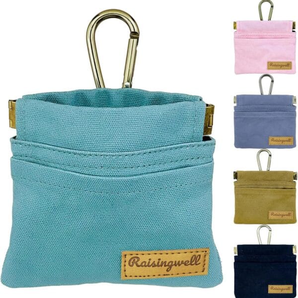 Dog Treat Pouch, Green Pocket Sized Pet Training Pouch, Cotton Fabric, Hand Free Dog Walking Bag with Carabiner, Self-Closing Pet Feed Snack Reward, for Puppy Travel or Outdoor Use