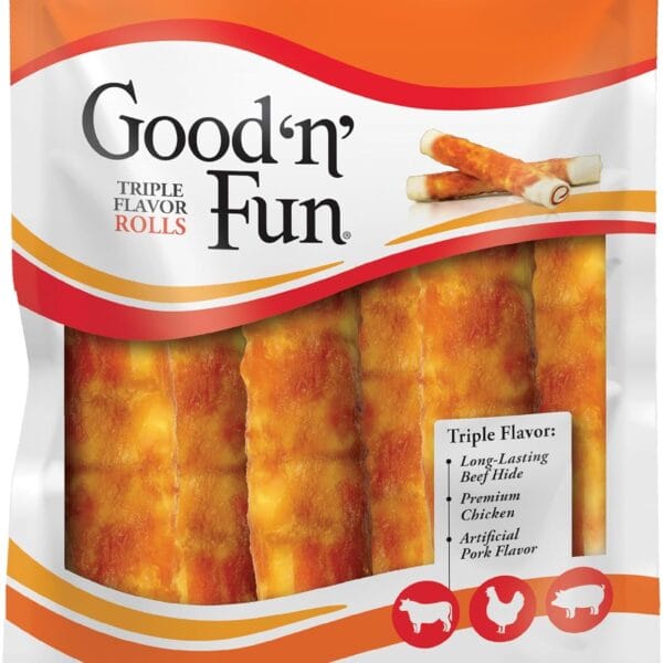 Good n Fun Triple Flavor Rolls for Large Dogs, Treat Your Dog to Long-Lasting Chews Made with Beef Hide, Chicken and Artificial Pork Flavor, 6 Count