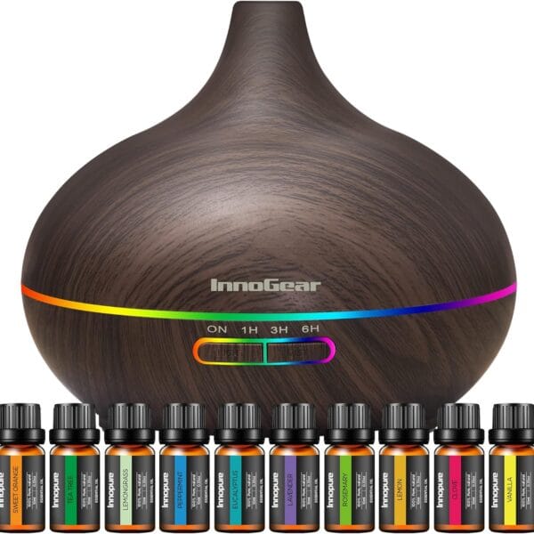 InnoGear Aromatherapy Diffuser & 10 Essential Oils Set, 400ml Diffuser Ultrasonic Diffuser Cool Mist Humidifier with 4 Timers 7 Colors Light Waterless Auto Off for Large Room Office, Dark Wood Grain