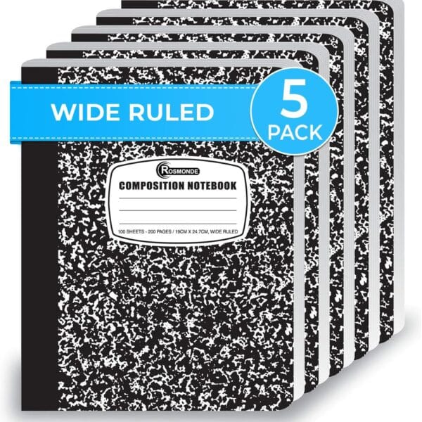 Composition Notebook Wide Ruled 5 Pack, 200 Pages (100 Sheets), 9-3/4 x 7-1/2, Back to School Supplies, Notebooks for School, Office Supplies, Notebooks for Work, Wide Ruled Notebook