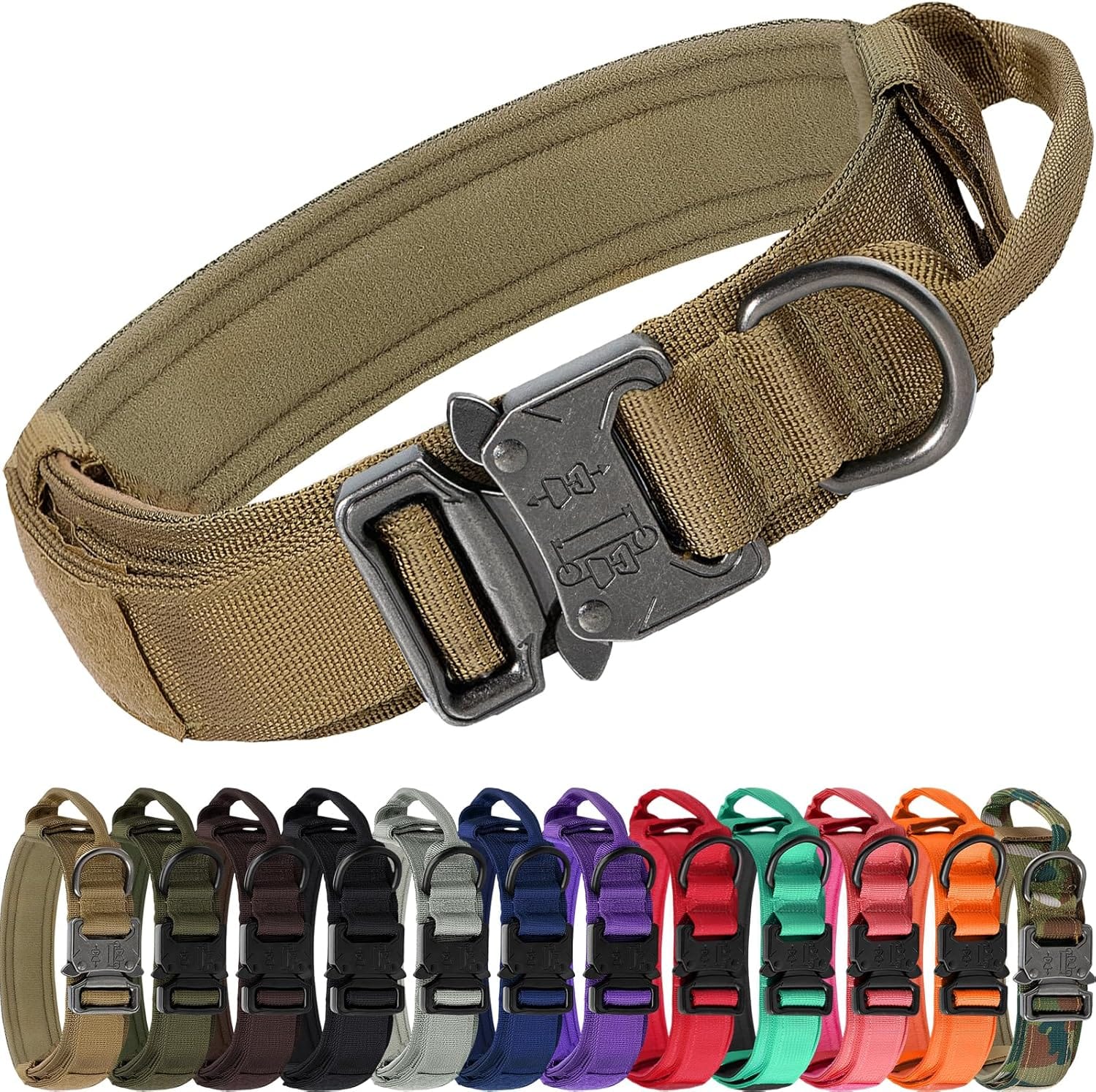 Joytale Tactical Dog Collar With Handle, Adjustable Heavy Duty Military Collar With 2 Patches For Training, Suitable For Large Dogs, Khaki, L Joytale Tactical Dog Collar with Handle, Adjustable Heavy Duty Military Collar with 2 Patches for Training, Suitable for Large Dogs, Khaki, L