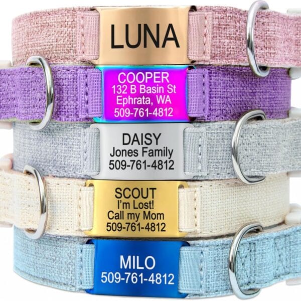 GoTags Personalized Natural Hemp Dog Collar with Engraved Dog Tag, Silent No Noise Pet Nameplate with Phone Number, Adjustable Sizes for Boy or Girl Small, Medium, and Large Dogs and Cats