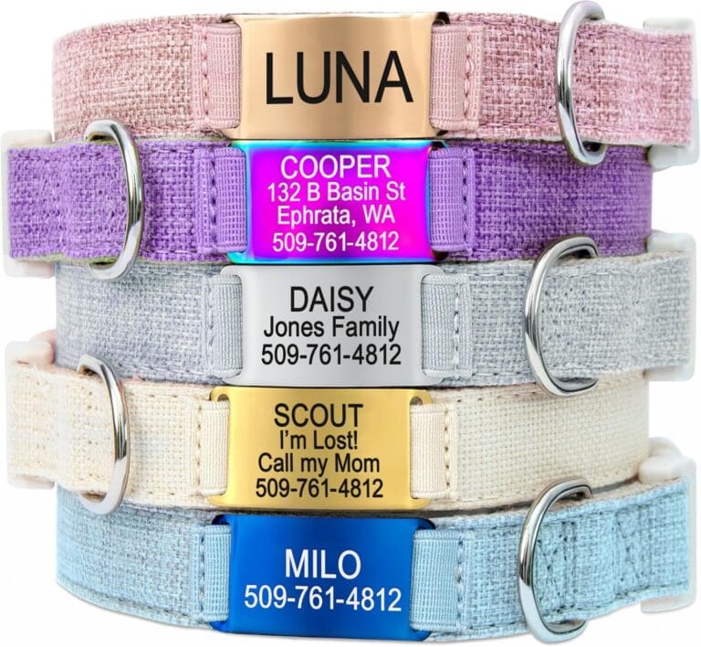 GoTags Personalized Natural Hemp Dog Collar with Engraved Dog Tag, Silent No Noise Pet Nameplate with Phone Number, Adjustable Sizes for Boy or Girl Small, Medium, and Large Dogs and Cats