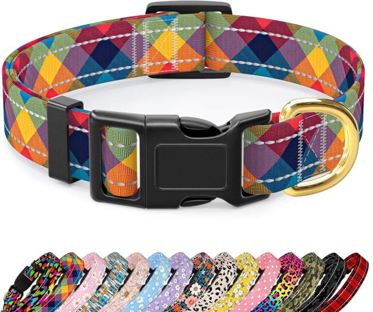 Reflective Dog Collar for Medium Dogs, Cute Boho Adjustable Heavy-Duty Nylon Puppy Collar for Boy and Girl Female, Soft Pet Accessories with Quick Release Buckle, Colorful Tartan