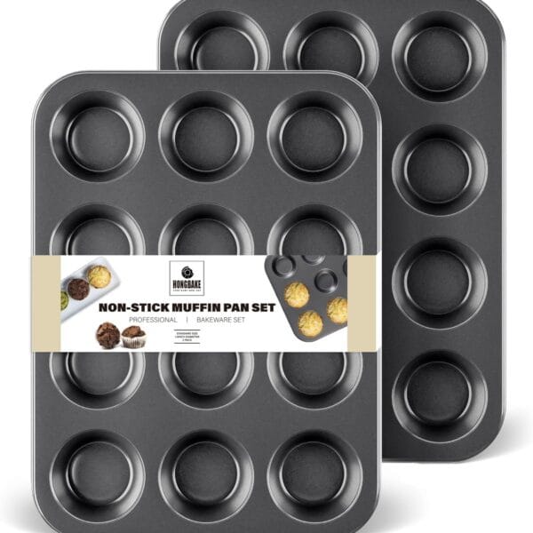 HONGBAKE Muffin Pan for Baking, Nonstick Cupcake Tin 12 Cup, 2 Pack Cup Cake Tray, Premium Cheesecake Pans, Dishwasher Safe - Dark Grey