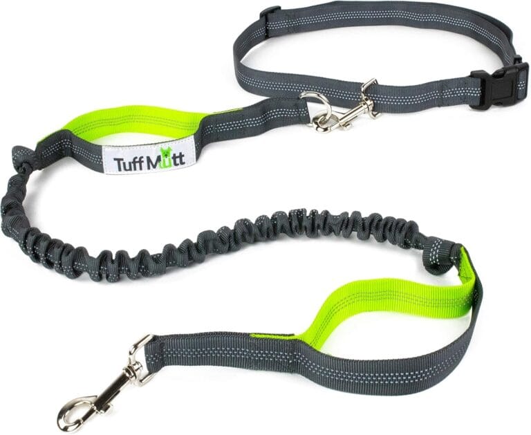 Tuff Mutt Hands-Free Waist Leash for Dog Walking, Running and Hiking, Adjustable Belt with Double Handle, Reflective Bungee Design for Large & Medium Dogs