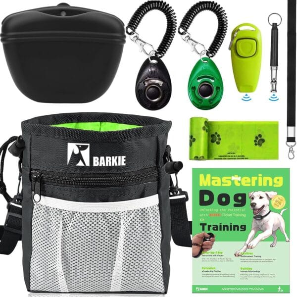 BARKIE Dog Training Kit - Treat Pouch, Pet Training Fanny Pack, 2 Puppy Training Clickers, Ultrasonic Silent Whistle, 2-in-1 Whistle Clicker, Clicker Training Guide Booklet, Dog Poop Bag (Black)