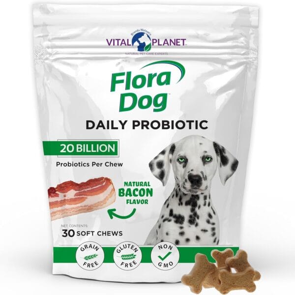 Vital Planet - Flora Dog Probiotics, Dog Chews Supplement with 20 Billion Cultures and 11 Strains, Immune and Digestive Support Chewable Probiotics for Dogs, 30 Natural Bacon Flavored Soft Chews