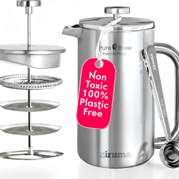 Ziruma Non-Toxic French Press, Surgical Stainless Steel Coffee Press, Plastic-Free, Heavy Metal-Free, No Endocrine Disruptors, 34 Oz, Double Wall, 4-Layer Filter, Portable Coffee Maker