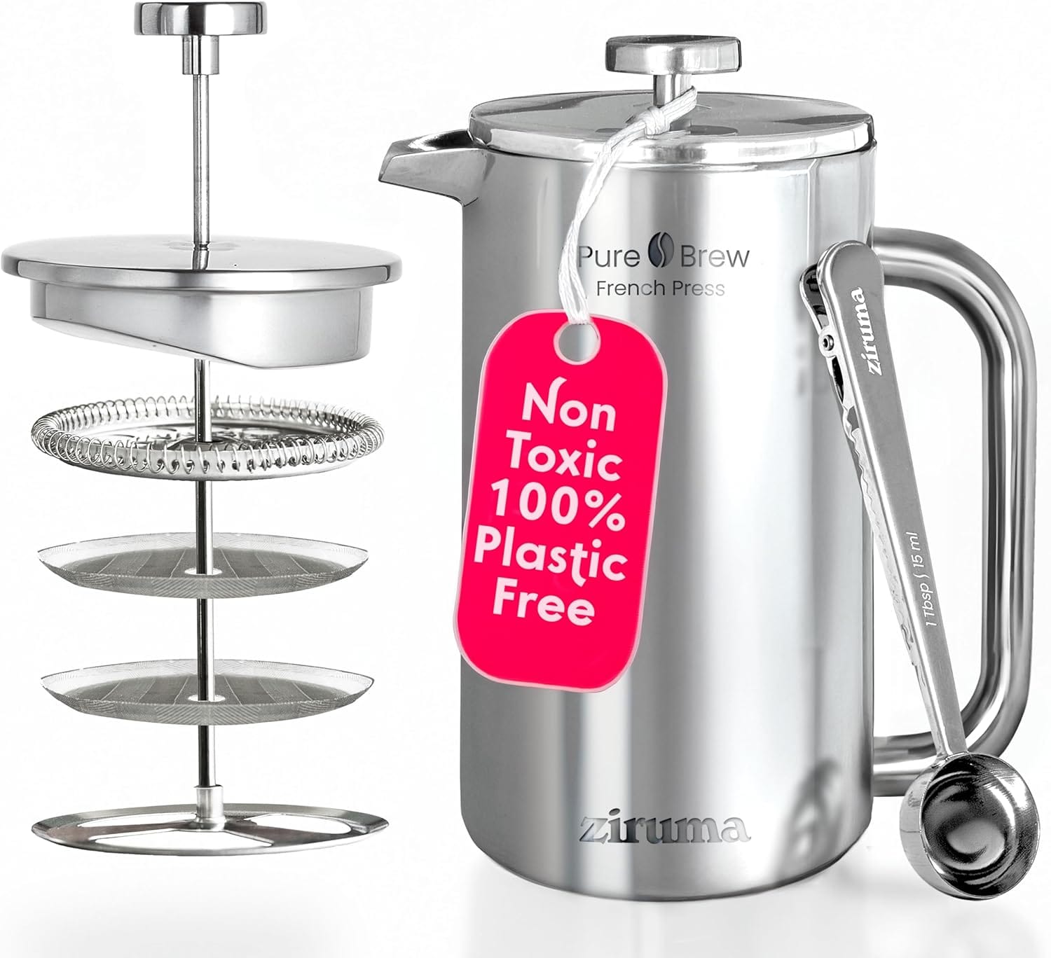 Ziruma Non Toxic French Press, Surgical Stainless Steel Coffee Press, Plastic Free, Heavy Metal Free, No Endocrine Disruptors, 34 Oz, Double Wall, 4 Layer Filter, Portable Coffee Maker Ziruma Non-Toxic French Press, Surgical Stainless Steel Coffee Press, Plastic-Free, Heavy Metal-Free, No Endocrine Disruptors, 34 Oz, Double Wall, 4-Layer Filter, Portable Coffee Maker