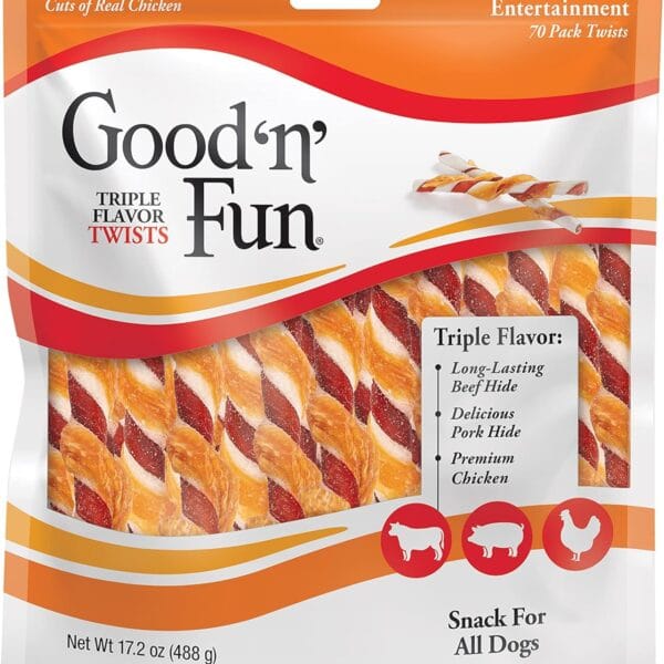 Good n Fun Triple Flavor Twists for All Dogs, 70 Count, Treat Your Dog to Long-Lasting Chews Made with Beef Hide, Pork Hide and Chicken