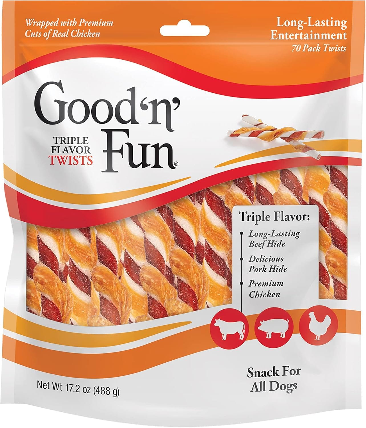 Good N Fun Triple Flavor Twists For All Dogs, 70 Count, Treat Your Dog To Long Lasting Chews Made With Beef Hide, Pork Hide And Chicken Good n Fun Triple Flavor Twists for All Dogs, 70 Count, Treat Your Dog to Long-Lasting Chews Made with Beef Hide, Pork Hide and Chicken