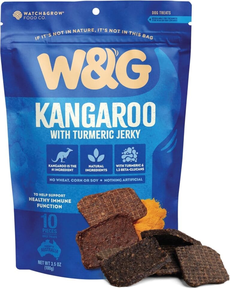 W&G Kangaroo & Turmeric Jerky Dog Treats, Hypoallergenic, All-Natural, Easy to Break, Immunity Support, Chicken-Free, Training Reward for Small & Large Breeds, 3.5oz