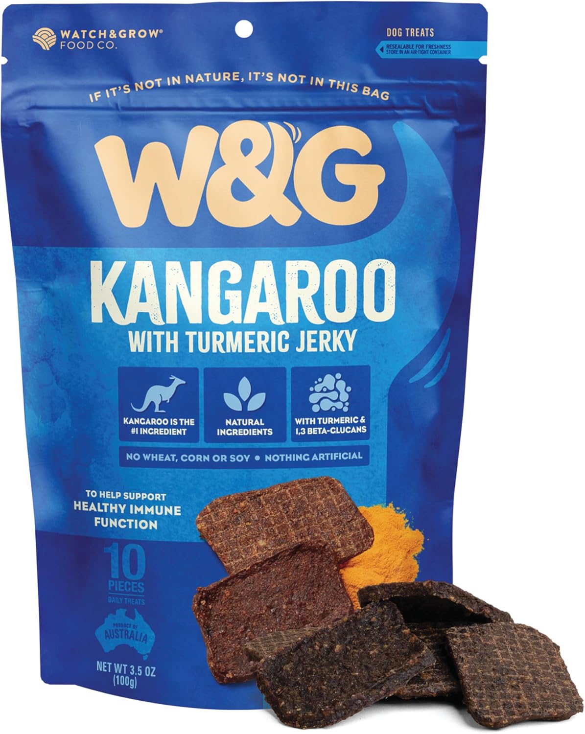 W&G Kangaroo & Turmeric Jerky Dog Treats, Hypoallergenic, All Natural, Easy To Break, Immunity Support, Chicken Free, Training Reward For Small & Large Breeds, 3.5oz W&G Kangaroo & Turmeric Jerky Dog Treats, Hypoallergenic, All-Natural, Easy to Break, Immunity Support, Chicken-Free, Training Reward for Small & Large Breeds, 3.5oz