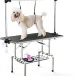 46''Large Dog Grooming Table, Adjustable Cat Drying Desktop with Arms, Nooses, Mesh Tray, Foldable Pet Station at Home, Maximum Capacity Up to 330Lb, 46inch, Black, 46in