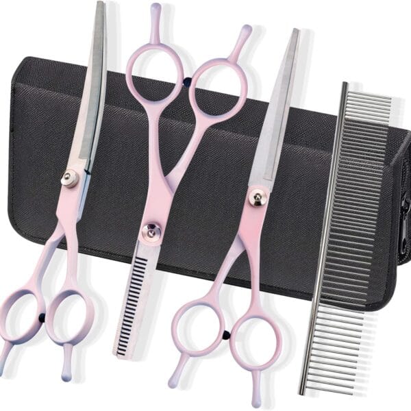Dog Grooming Scissors Kit, Fcysy Professional Dog Trimming Scissors Set, Hair Cutting Curved Thinning Shears for Pet Cat at Home, Pet Grooming Supplies