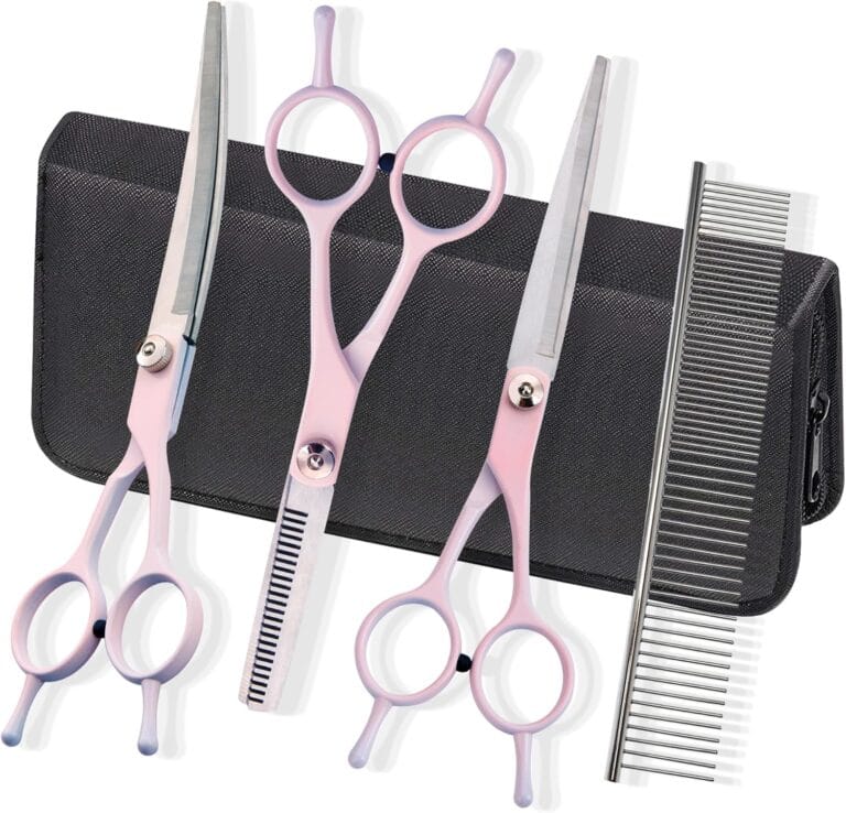 Dog Grooming Scissors Kit, Fcysy Professional Dog Trimming Scissors Set, Hair Cutting Curved Thinning Shears for Pet Cat at Home, Pet Grooming Supplies
