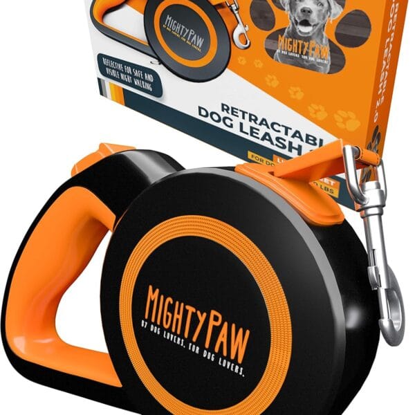 Mighty Paw Retractable Dog Leash 2.0 - Auto-Locking Button for The Control When You Need - Stainless Steel Coil for Smooth Retraction - Super Reflective Ring for Nighttime Visibility - No More Tangle