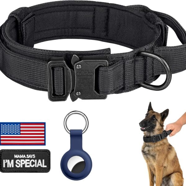 DAGANXI Tactical Dog Collar, Adjustable Military Training Nylon Dog Collar with Control Handle and Heavy Metal Buckle for Medium and Large Dogs, with Patches and Airtags Case (L, Black)