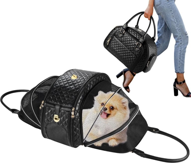 Dog Purse Carrier for Small Dogs, 2-Side Expandable Small Dog Carrier, Holds Up to 10lbs PU leather Pet Carrier, Cat Carrier, Airline Approved Puppy Purse Carrier for Travel (Black, Small Size)