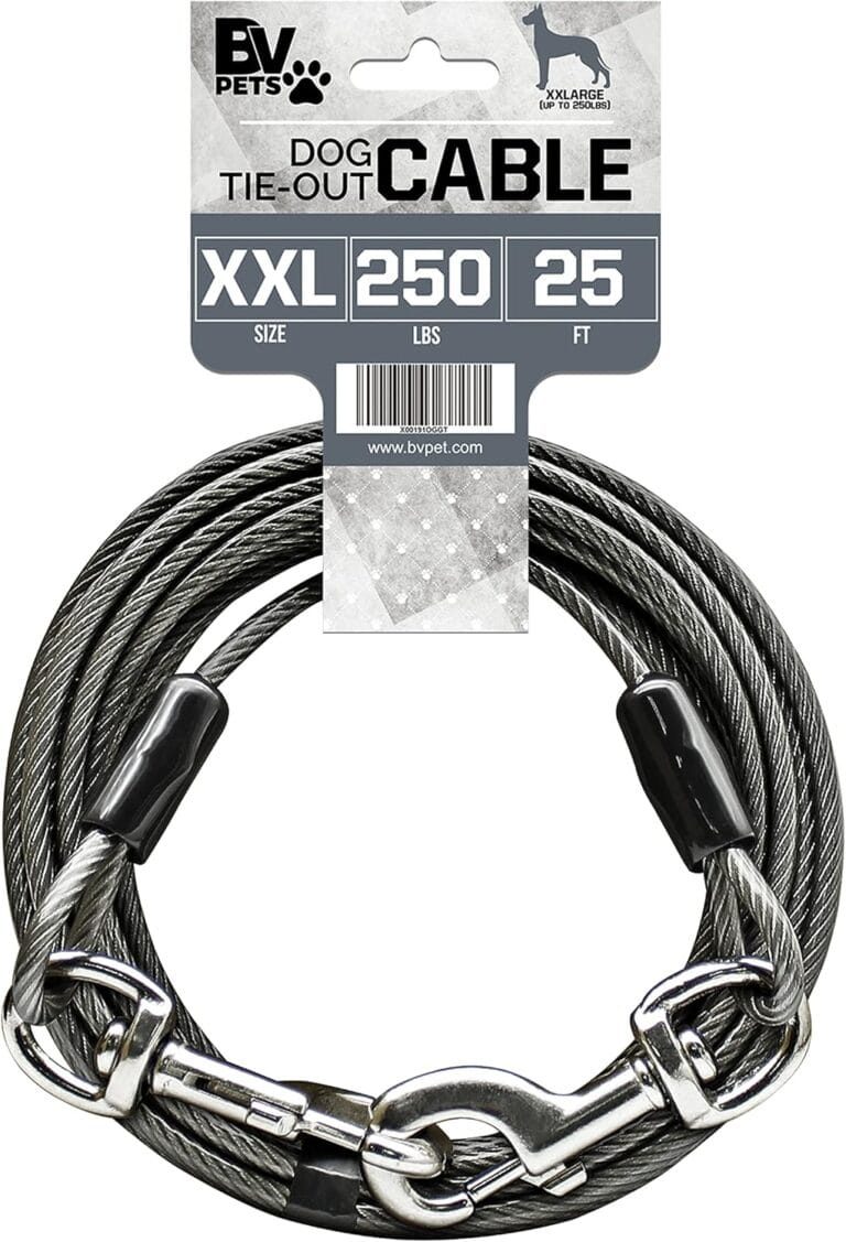 BV Dog Tie Out Cable 25 Feet - Heavy Duty Dog Lead Up to 250 Pounds - Reflective & Rust-Free with Quick Release Swivel Clips & 360 Rotating Clasp - Tangle-Free Dogs Runner for Yard (Grey, Single)