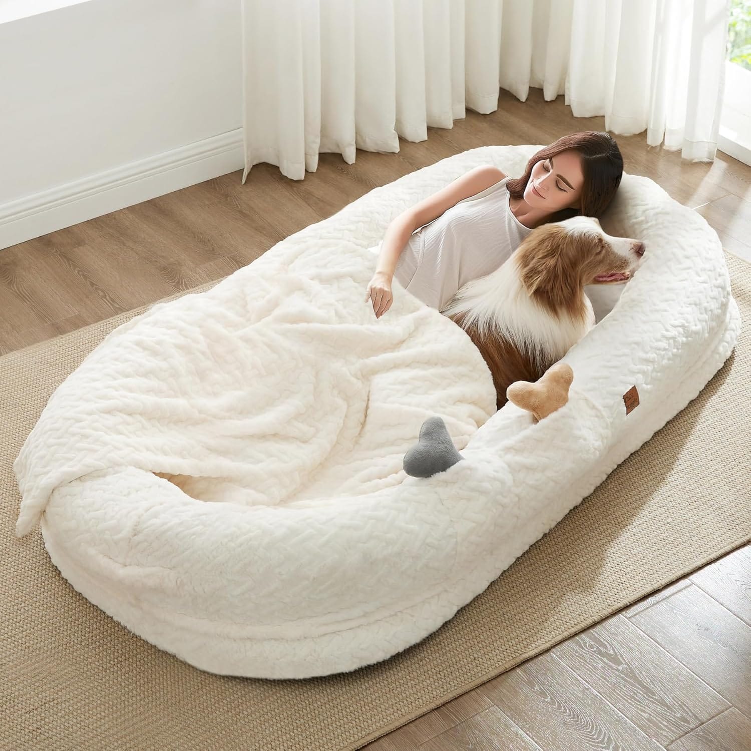 Human Dog Bed For Adult Luxury Faux Fur Giant Size Dog Bed With Portable Handle, Egg Orthopedic Foam Bed With Blanket, 72"x40"x10", Ivory White Human Dog Bed for Adult - Luxury Faux Fur Giant Size Dog Bed with Portable Handle, Egg Orthopedic Foam Bed with Blanket, 72"x40"x10", Ivory White