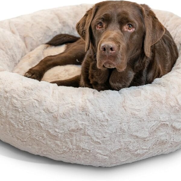 Best Friends by Sheri Original Calming Donut Dog and Cat Bed, Lux Faux Fur, Oyster, (36in x 36in) - Anxiety Relief for Pets Up to 100 lbs
