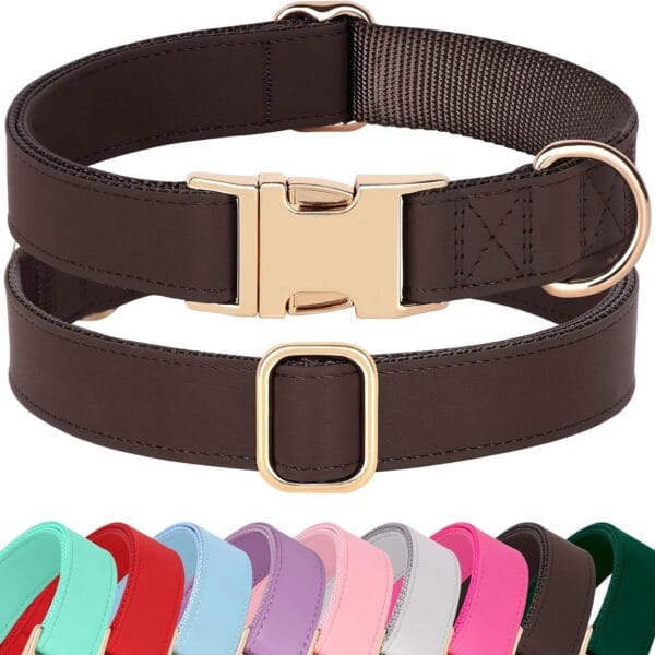 PET ARTIST PU Leather Dog Collar, Bright & Stylish Brown Dog Collar with Quick Release Gold Metal Buckle, Soft Nylon Padded Durable Pet Collars Adjustable for Small Dogs, Neck Fit 9-14"