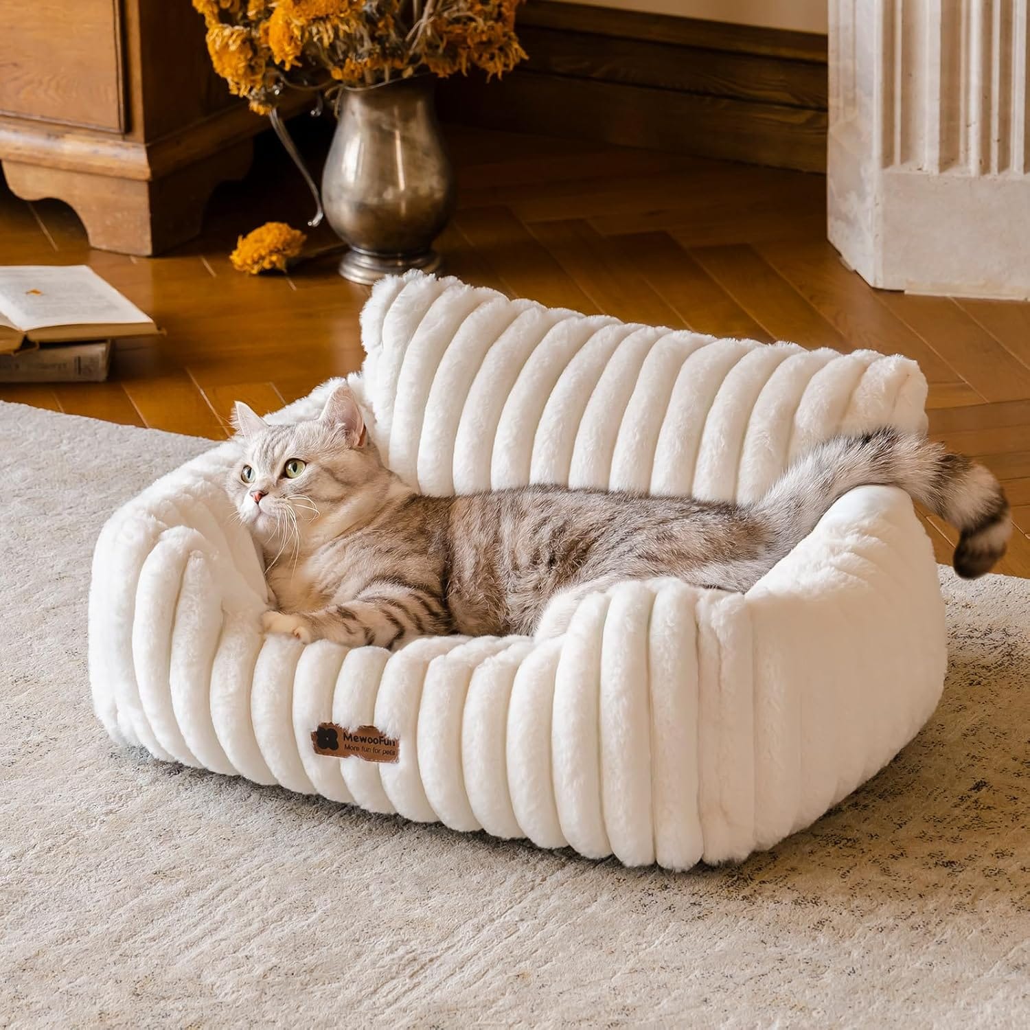 MEWOOFUN Cat Beds For Indoor Cats, Fluffy Cat Couch With Removable Washable Cover, Supportive Small Dog Beds For Puppy & Kitten Up To 15 Lbs (Beige, 24x19x12) MEWOOFUN Cat Beds for Indoor Cats, Fluffy Cat Couch with Removable Washable Cover, Supportive Small Dog Beds for Puppy & Kitten up to 15 lbs (Beige, 24x19x12)