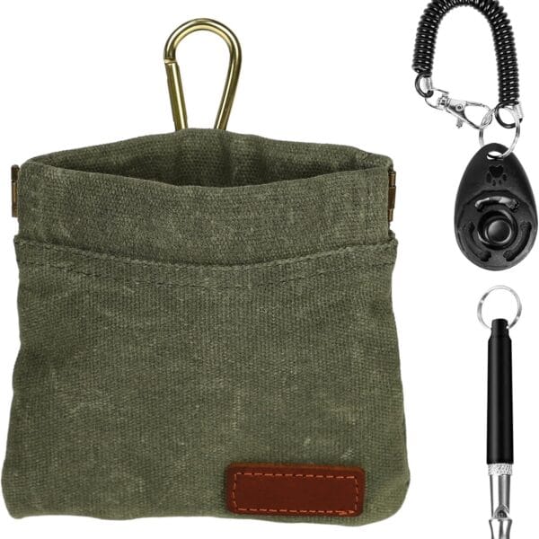 Dog Treat Pouch Training Kit for Keychain, Small Puppy Treat Bag with Clip for Leash on The go, Hands Free Auto Closure Pouches with Dog Clicker and Silent Whistle for Pet Training