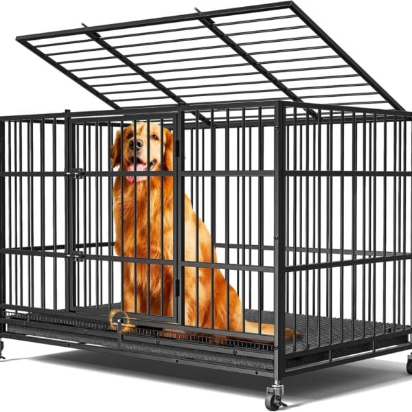 48"/38" Dog Crates for Large Dogs, Upgraded 4 Lockable Wheels, Removable Door, Dog Kennel Indoor, Max Load 300Lbs, Easy to Clean, Removable Tray, XL Dog Cage for Large and Medium Dogs