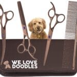 Dog Grooming Scissors Kit - Best Tools For Goldendoodles, Poodles & Doodles - Straight, Curved & Thinning Shears - Golden Doodle Grooming Kit - Professional Grade Steel, 4 Pc Set [We Love Doodles]