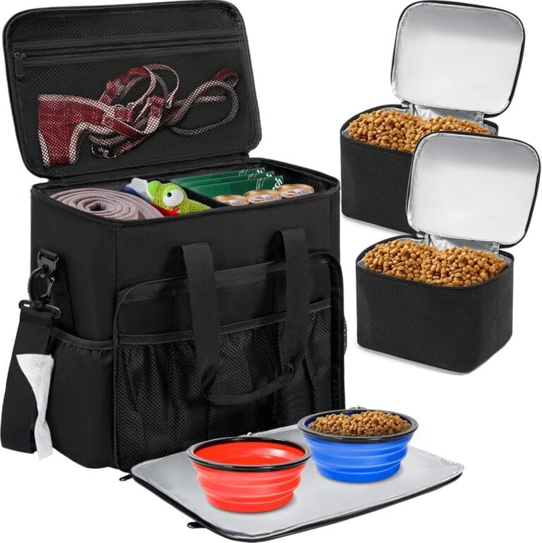 Dog Travel Bag, Airline Approved Tote Organizer, Travel Dog Backpack with Multi-Function Pockets for Dog Stuff & Pet Supplies Travel EssentialsBlack with Bowl(BLUE&RED)