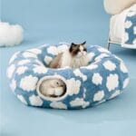Lesure Cat Tunnel Bed for Indoor Cats - Cute Cat Donut Tunnel Toys for Small Large Cats with Washable Circle Cushion, Round Pet Peekaboo Cave Toy for Kitten/Puppy/Rabbit, Standard Blue