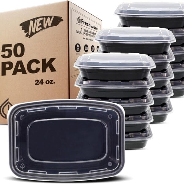 Freshware Meal Prep Containers [50 Pack] 1 Compartment with Lids, Food Storage Containers, Bento Box, BPA Free, Stackable, Microwave/Dishwasher/Freezer Safe (24 oz)