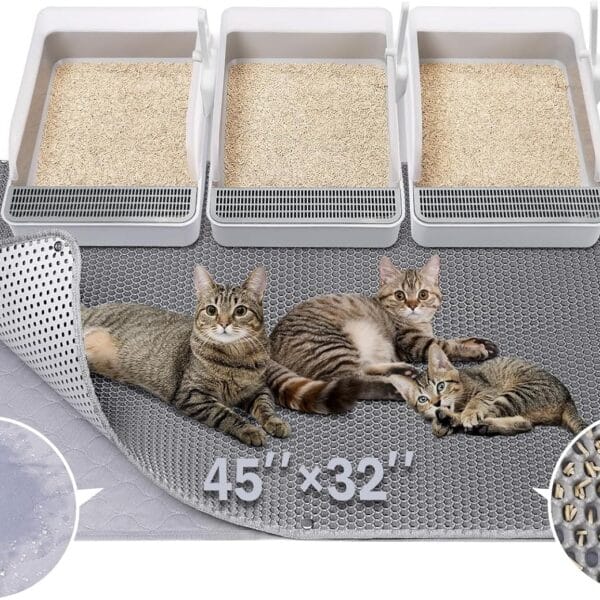 BurgeonNest 45"x32" Extra Large Cat Litter Mat, Honeycomb Double Layer Kitty Litter Trapping Mat, Urine Proof & Waterproof, Easy Clean, Machine Washable, Non-Slip, Scatter Control-Grey
