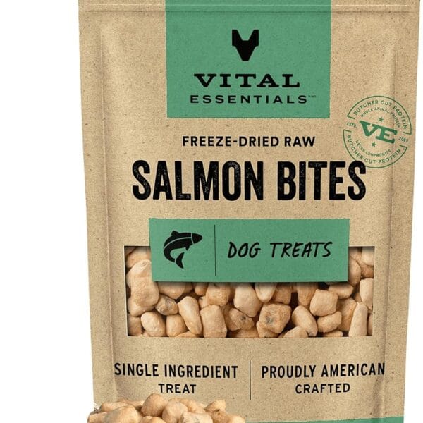 Vital Essentials Salmon Bites Dog Treats, 2.5 oz | Freeze-Dried Raw | Single Protein | Premium Quality High Protein Training Treats | Grain Free, Gluten Free, Filler Free