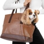 Luxury Dog Purse Carrier - Brown Faux Leather Pet Carrier, Secure Harness Clip, Tote Bag for Small Dogs and Puppies