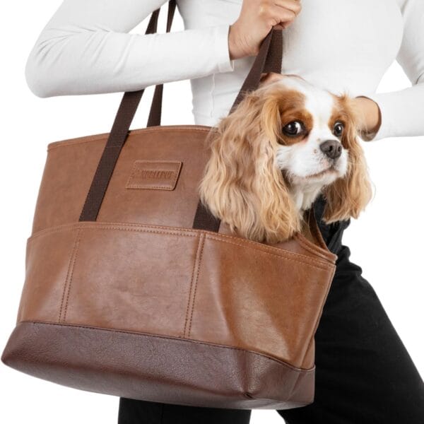 Luxury Dog Purse Carrier - Brown Faux Leather Pet Carrier, Secure Harness Clip, Tote Bag for Small Dogs and Puppies